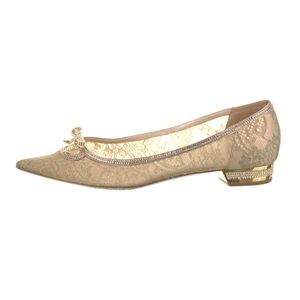 Rene Caovilla Gold Lace Decollete Crystal Pointed Toe Ballet Flat, Size EU 38.5